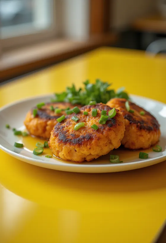 Bolinho de peixe com batata doce, decoração de cebolinha e salsa
