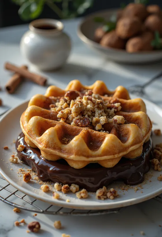 Waffle banhado em chocolate com especiarias servido