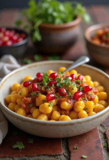 Ghugni chaat de ervilha amarela, servido com folhas de coentro frescas e chutney de tamarindo