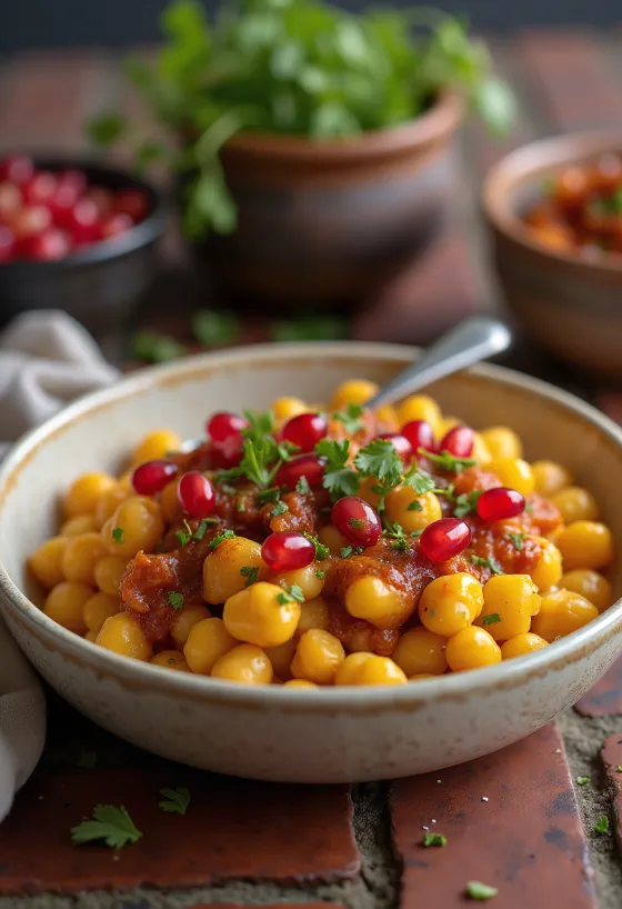 Ghugni chaat de ervilha amarela, servido com folhas de coentro frescas e chutney de tamarindo