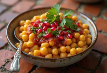 Ghugni chaat de ervilha amarela, servido com folhas de coentro frescas e chutney de tamarindo