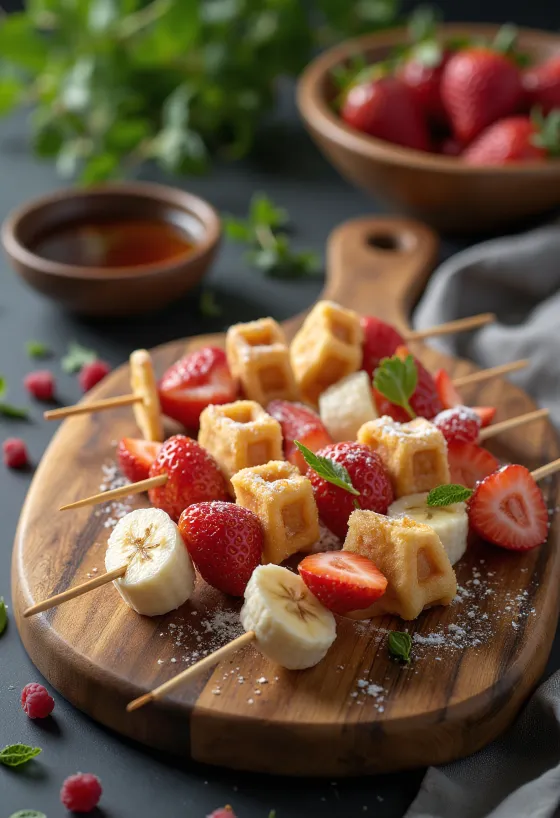 Espetinho de waffle servido com morango fresco, banana e uva