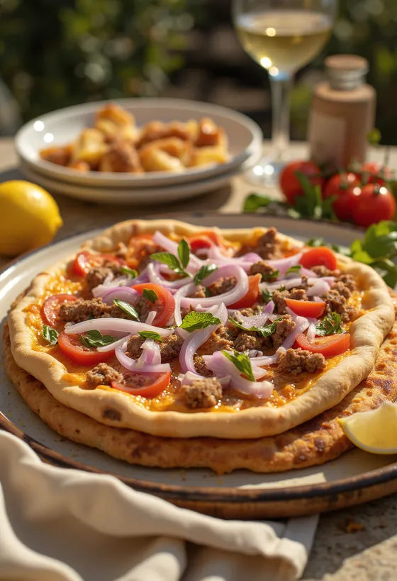 Lahmacun: pizza de massa fina com carne moída, servida com vegetais frescos e limão