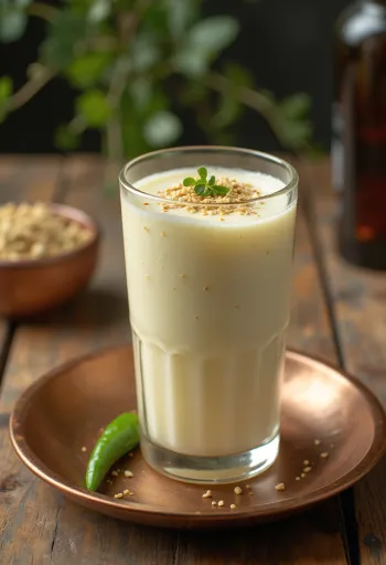 Masala Lassi decorado com coentro fresco, bebida de iogurte temperada