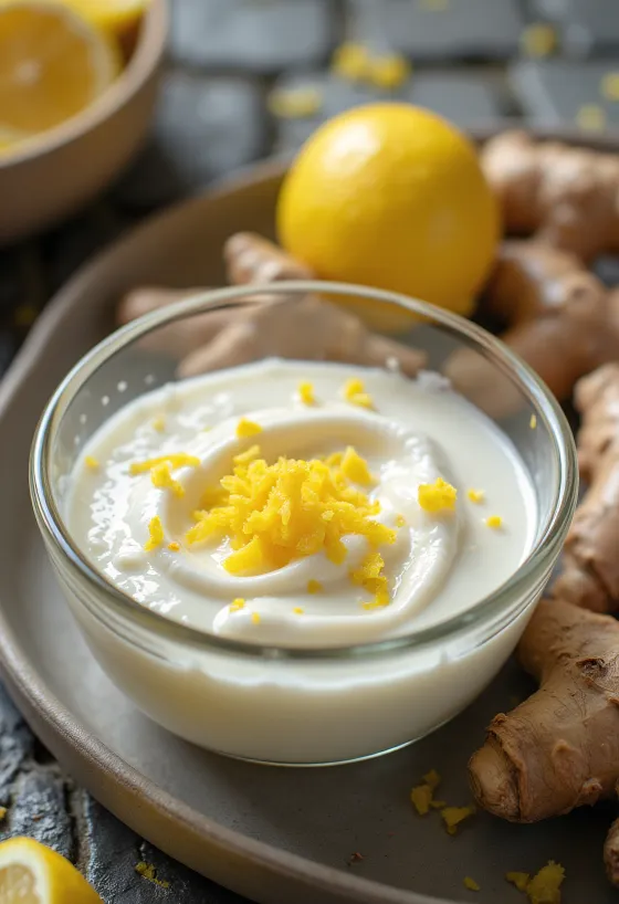 Molho de iogurte com mel e gengibre em tigela, servido com legumes frescos