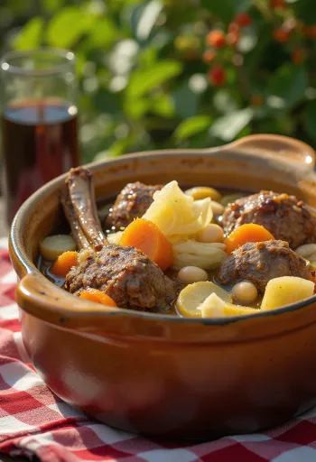 Puchero de cordeiro servido, rico em carne de cordeiro e legumes