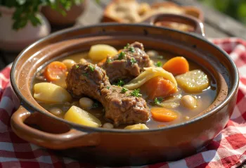 Puchero de cordeiro servido, rico em carne de cordeiro e legumes