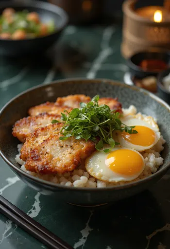 Katsudon recheado com mostarda em conserva Takana-zuke, em uma tigela
