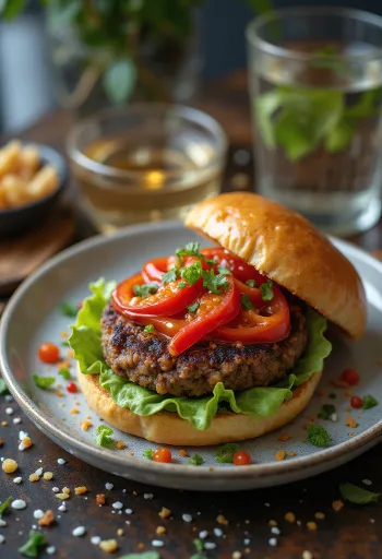 Hambúrguer vegano apimentado com vegetais frescos