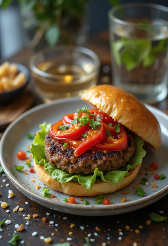 Hambúrguer vegano apimentado com vegetais frescos
