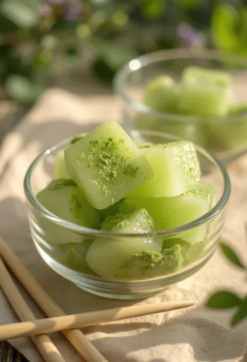 Cubos de Warabi mochi polvilhados com pó de matcha, textura gelatinosa translúcida, servido elegantemente