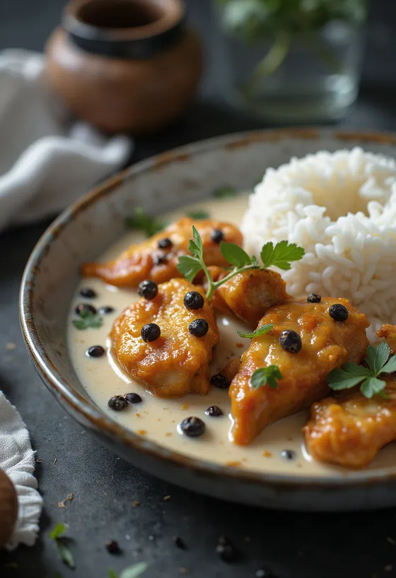 Frango Adobo com coco, em leite de coco rico e cremoso com especiarias