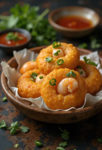 Akara com camarão, bolinhos crocantes servidos