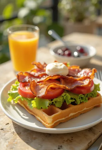 Waffle BLT servido com fatias de bacon, tomate e alface