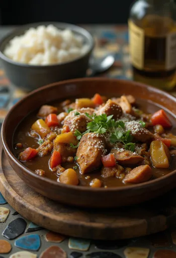 Tigela de sopa cajun espessa com rodelas de linguiça e arroz