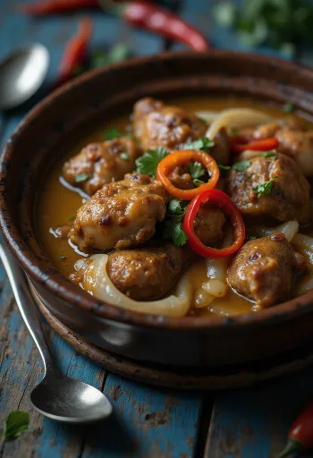 Adobo com leite de coco, prato rico e picante servido com arroz e coentro