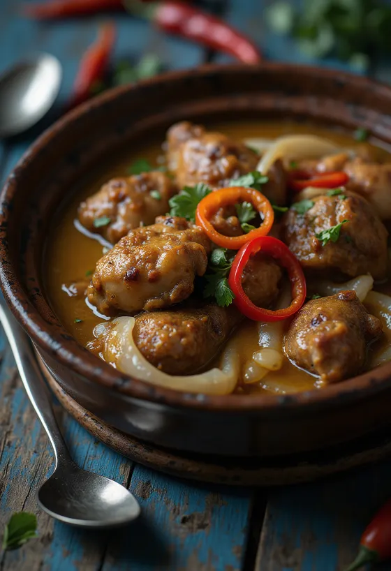 Adobo com leite de coco, prato rico e picante servido com arroz e coentro