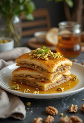 Panqueca Baklava servida com camadas de mel, nozes e pistache