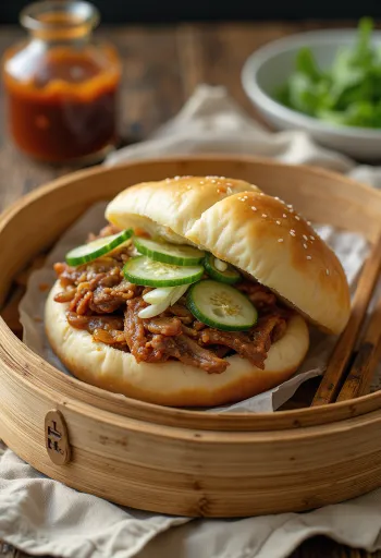 Prato de Bao Bun de carne com barbecue servido