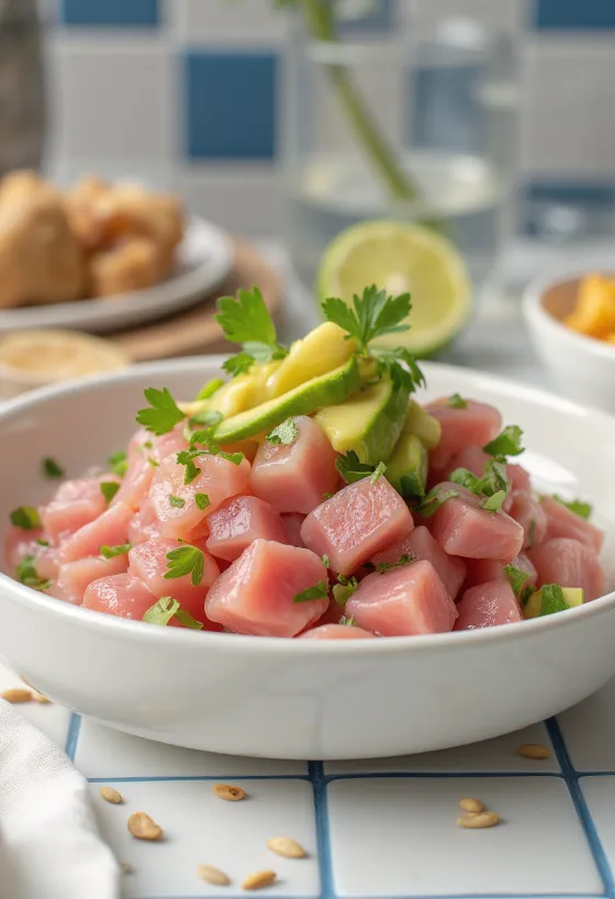 Ceviche de Atum servido com limão e abacate