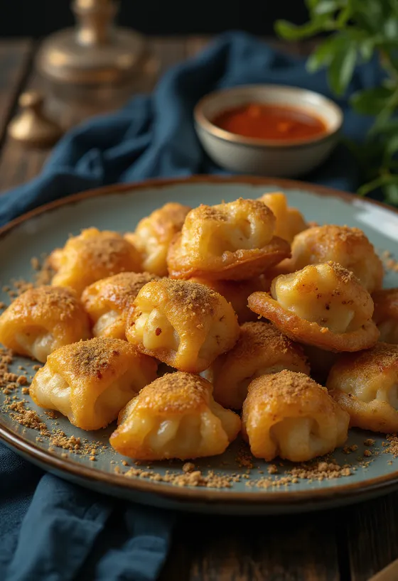 Chuchvara frita, massa dourada e crocante servida em prato