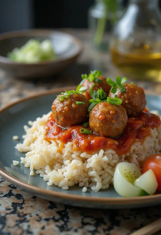 Cơm tấm com almôndegas, servido com legumes frescos e coentro