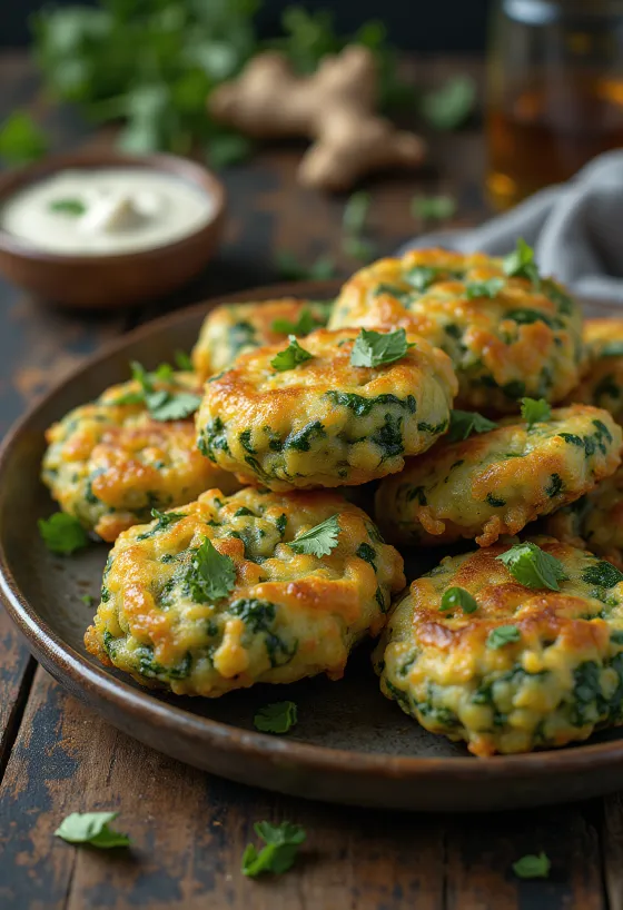 Pakora de espinafre, petiscos dourados e crocantes servidos