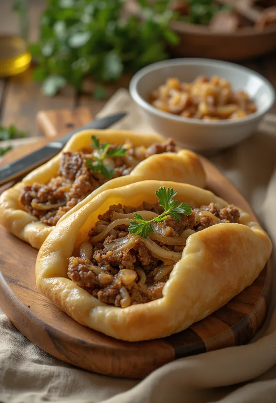 Pide de cebola, servido com massa fresca e recheio de carne temperada