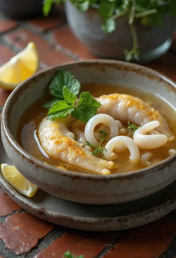 Psarosoupa com lula, sopa de peixe rica servida com azeite fresco e limão