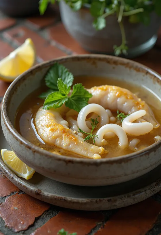 Psarosoupa com lula, sopa de peixe rica servida com azeite fresco e limão