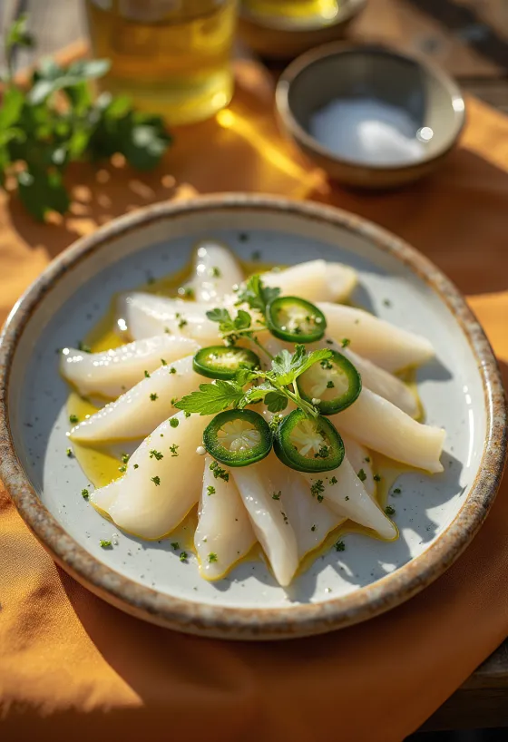 Tiradito com jalapeño, servido com limão e coentro
