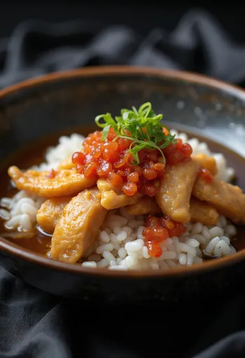 Oyakodon com recheio de ameixa em conserva Umeboshi, servido com frango, ovo e arroz