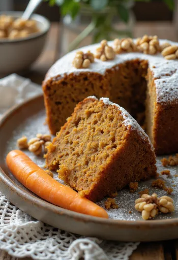 Bolo de cenoura vegano servido com nozes e açúcar de confeiteiro