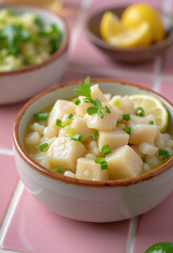 Ceviche de Peixe Branco servido com limão e abacate