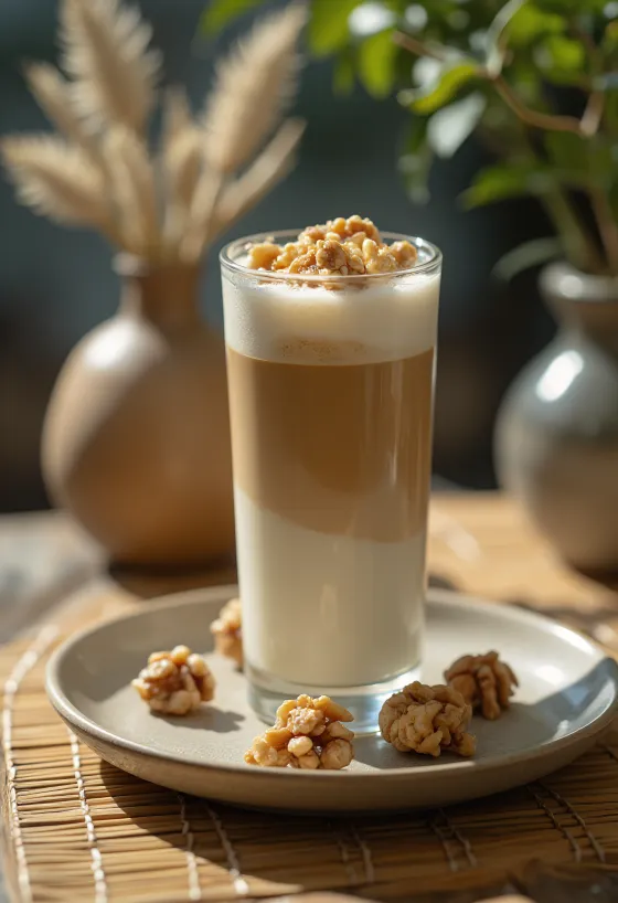 Latte cremoso de nozes na xícara com pedaços de nozes