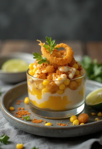 Esquites com cebola refogada, servido com creme de leite e coentro