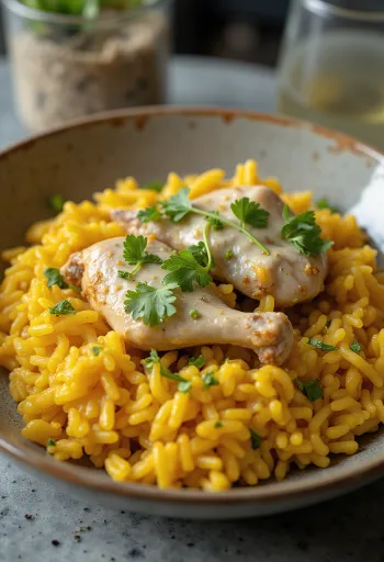 Mandi servido com iogurte, frango temperado e arroz como acompanhamento