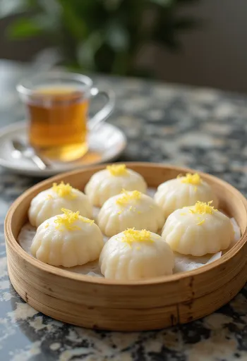 Puto com raspas de limão, bolinho de farinha de arroz no vapor decorado com raspas frescas