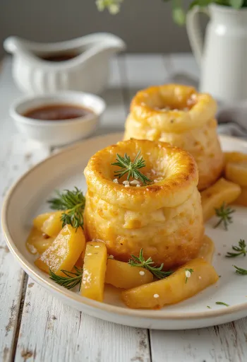 Yorkshire pudding servido com mostarda e ervas frescas