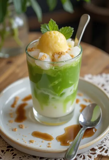 Cendol com durian servido com leite de coco, massa fresca e cubos de gelo