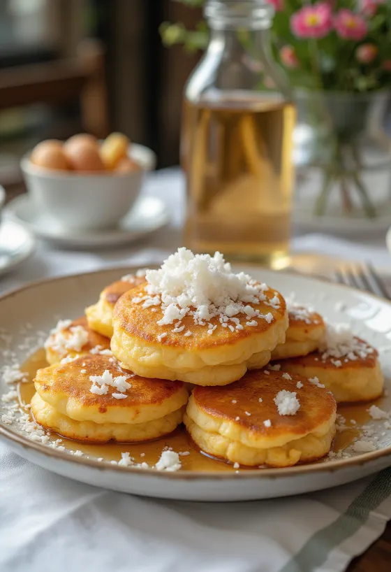Malpua com coco ralado, doce fresco servido
