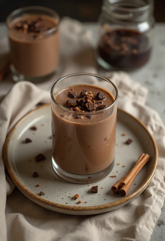 Kefir cremoso de chocolate polvilhado com canela e pedaços de chocolate