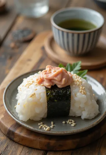 Onigiri de atum com maionese, formato triangular, polvilhado com gergelim e alga nori