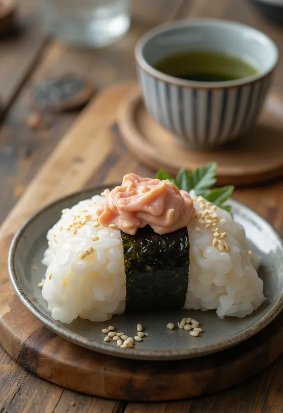 Onigiri de atum com maionese, formato triangular, polvilhado com gergelim e alga nori
