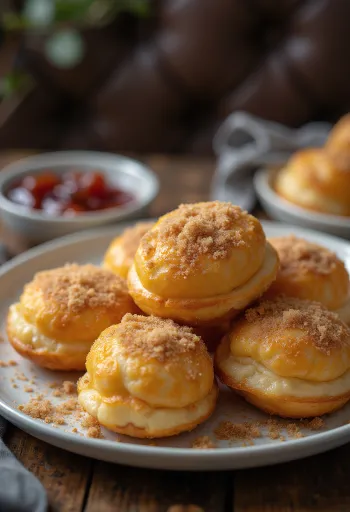 Æbleskiver polvilhado com açúcar e canela, servido fresco