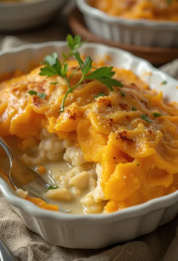 Fish pie com batata doce servido com purê dourado por cima