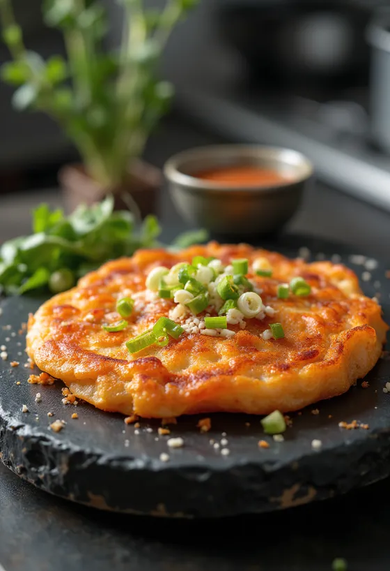 Kimchi jeon, panqueca coreana frita até ficar dourada e crocante