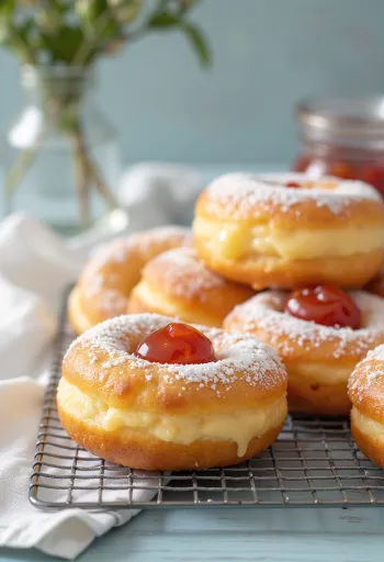 Krofne com geleia, polvilhado com açúcar de confeiteiro, cor dourada