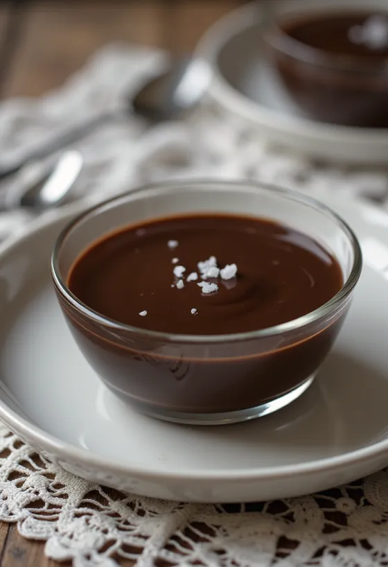 Manjar de chocolate servido com chocolate, textura cremosa e decorado com raspas de chocolate