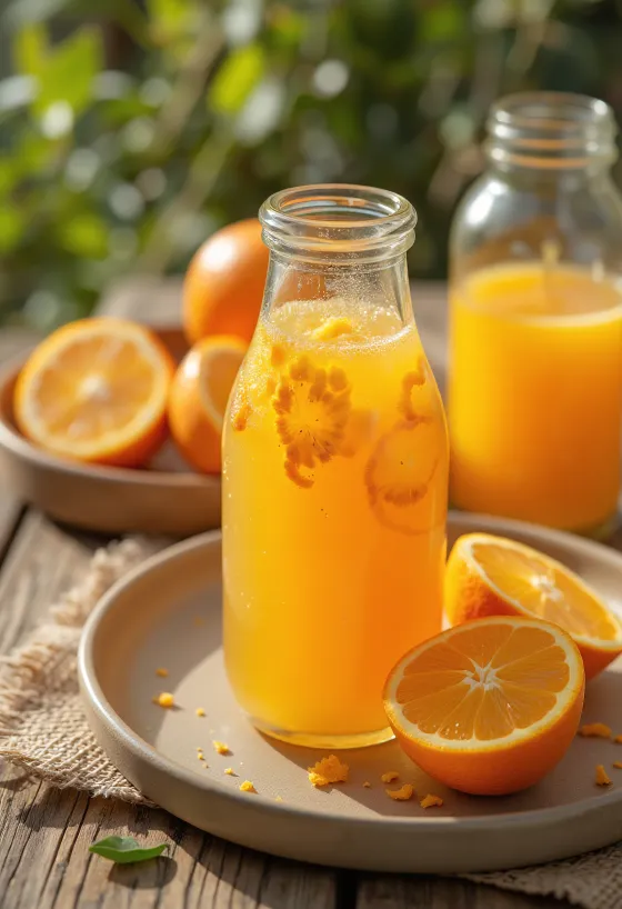 Kombucha de laranja servida em copos com pedaços de laranja fresca